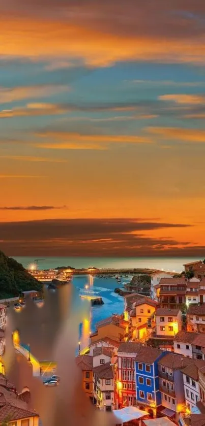 Scenic sunset over a coastal town with colorful sky and buildings.