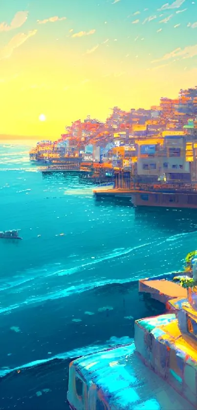 Vibrant sunset over coastal town by the ocean in a stunning artistic wallpaper.