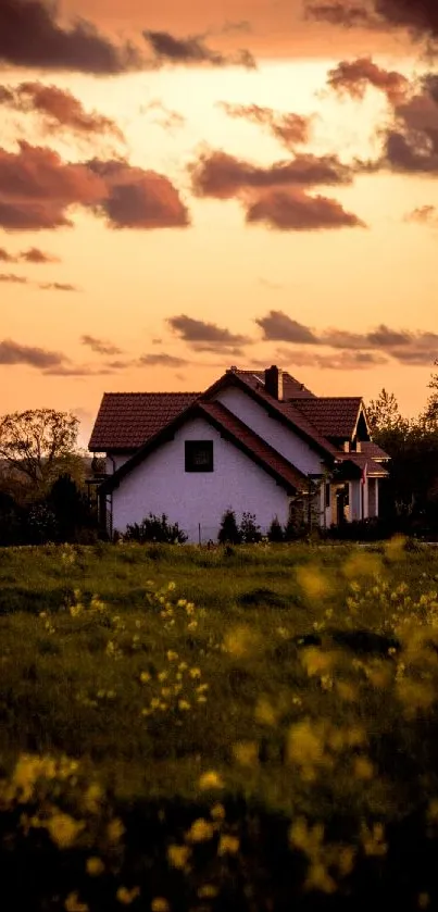 Charming house amidst golden sunset and lush meadows.