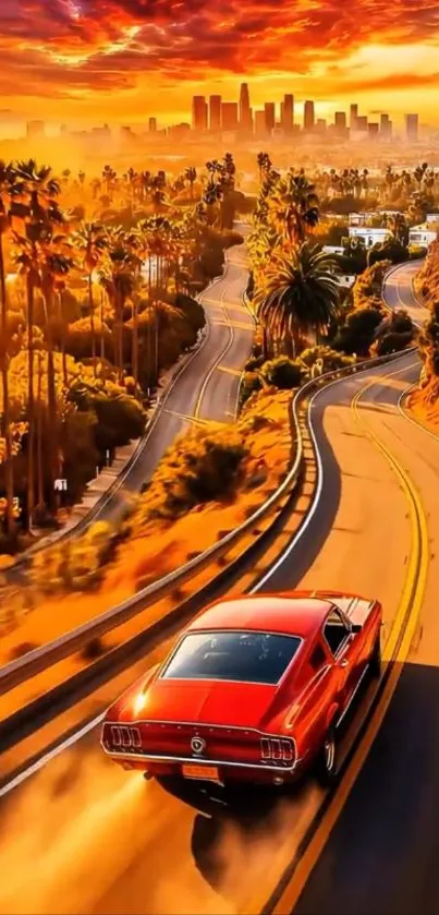 Vintage car on scenic sunset drive with city skyline.