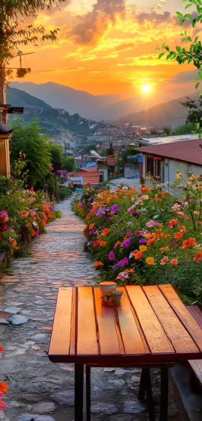 Scenic path with flowers at sunset, view of mountains.