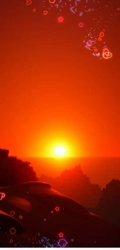 Vivid red desert sunset with dunes and vibrant colors.