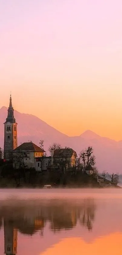 Serene sunset view over lake with church silhouette.