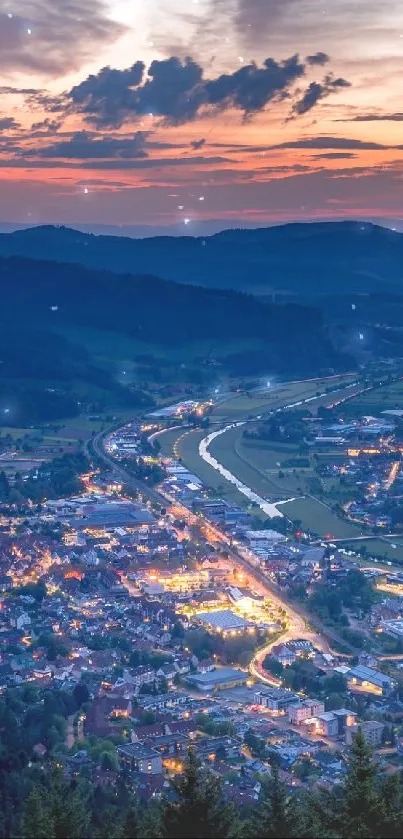 A breathtaking aerial view of a city at sunset with vibrant blue hues.