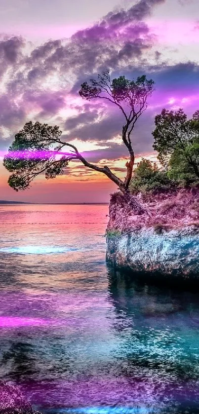 Beautiful sunset over a rocky island with purple and blue hues.