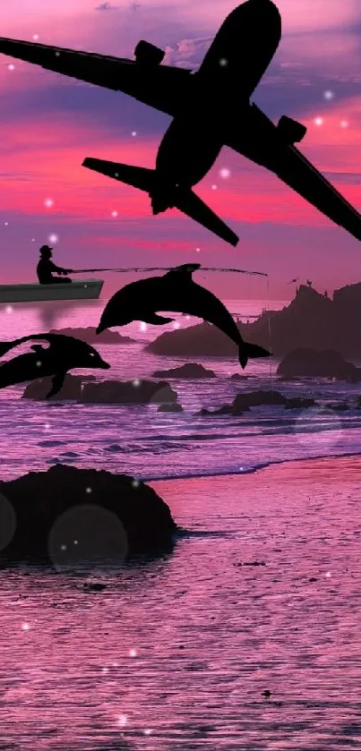 Silhouetted plane and dolphins at sunset over ocean cliffs.