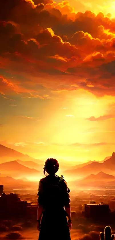 Silhouette of a person against a vibrant sunset cityscape.