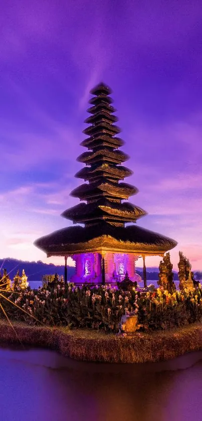 Temple at sunset with purple sky mobile wallpaper.