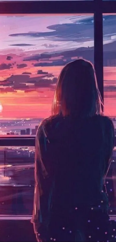 Silhouette by a window with sunset cityscape mobile wallpaper.