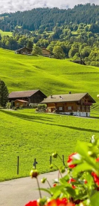 Scenic view of Swiss countryside with green hills and flowers.