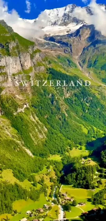 Majestic Swiss mountains with lush green valley.