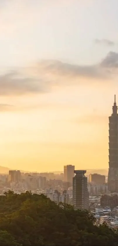 Taipei skyline at sunset with Taipei 101 and golden sky.