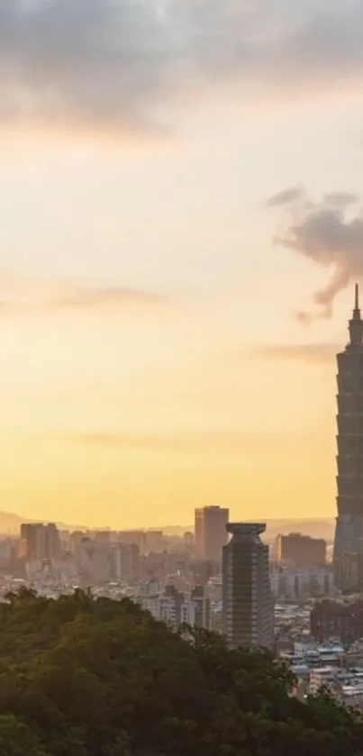 Taipei skyline at sunset with Taipei 101 tower.