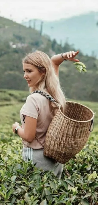 Woman enjoying a tea garden scene in serene greenery.