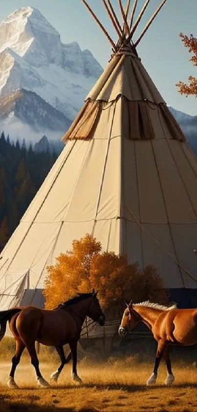 Teepee with horses in a mountain landscape under autumn sky.