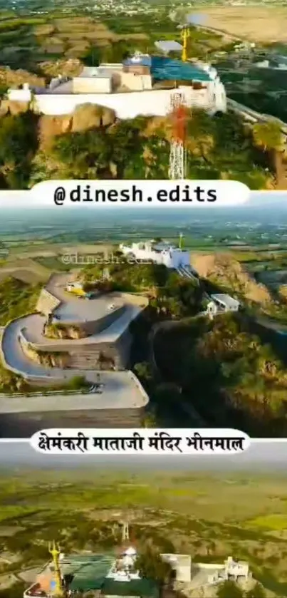 Aerial view of a scenic temple atop lush, green hillsides.