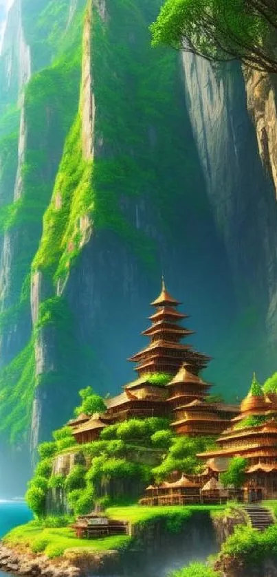 Serene temple nestled in lush green cliffs with a waterfall backdrop.