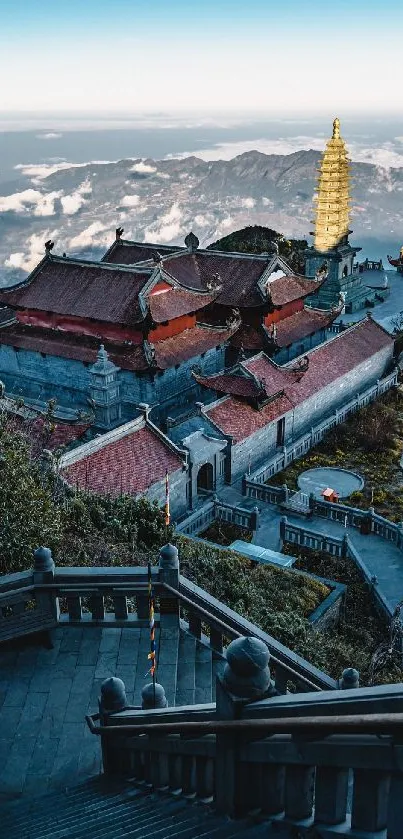 Scenic view of a mountain temple with cloudy horizon.