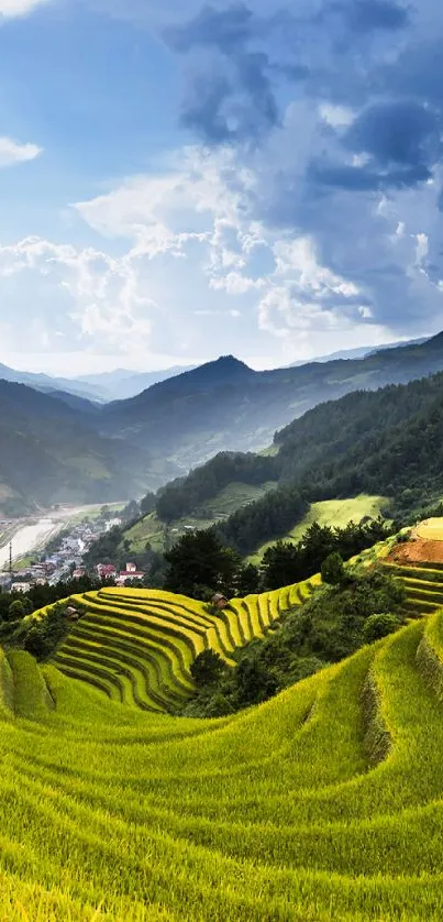Lush green terraced fields under a cloudy sky.