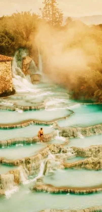 Scenic view of terraced waterfalls with lush greenery.