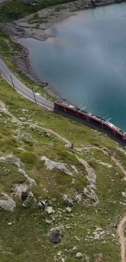 Scenic train journey beside a blue lake