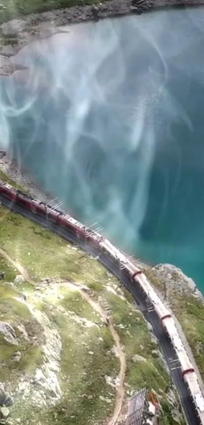 Scenic train journey beside a turquoise blue lake.