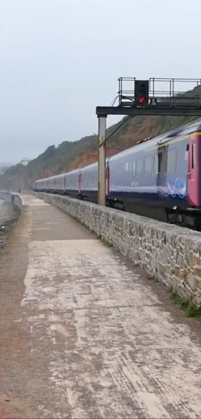 Train travels along a coastal pathway, adjacent to the ocean.