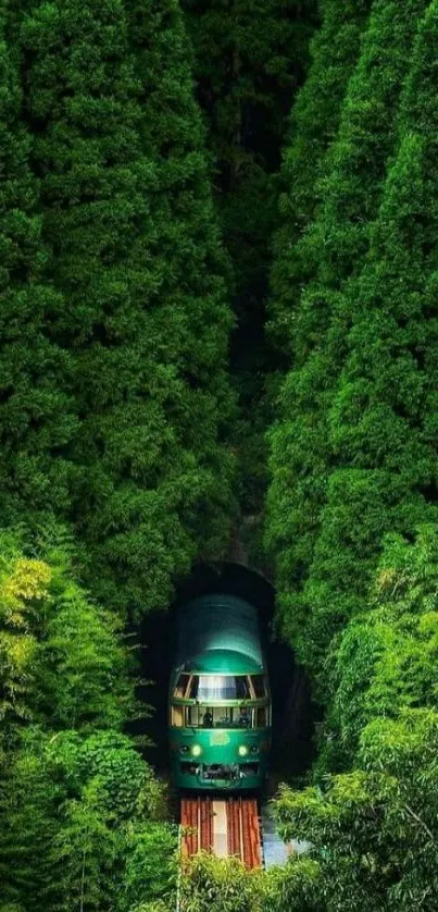 Train passing through vibrant green forest scenery.