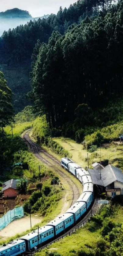 Train winding through a lush green landscape with forested hills.