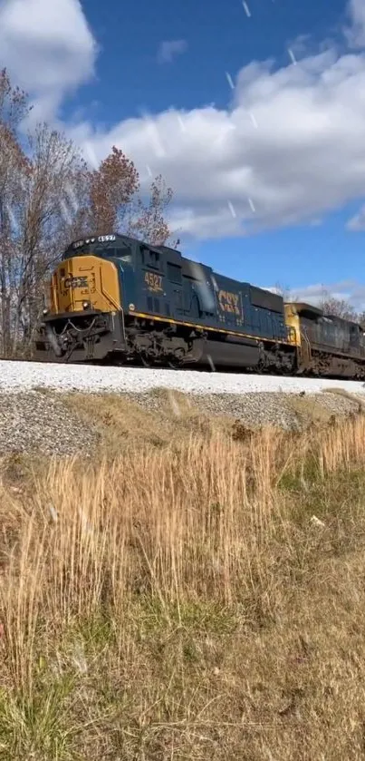 Train on a rural track under a bright blue sky.