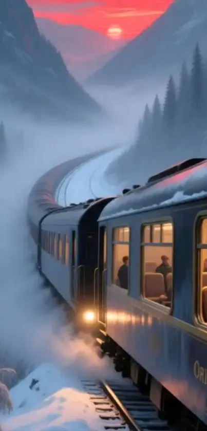 Train travels through snowy mountains at pink-lit dusk.