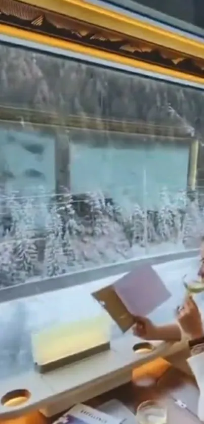 Woman enjoying a drink on a scenic train journey through frosty mountains.