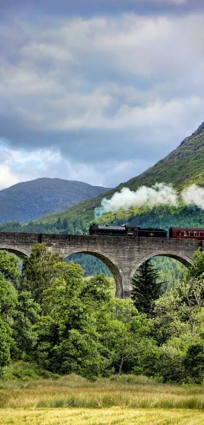 Historic train on a scenic viaduct through lush green landscape.