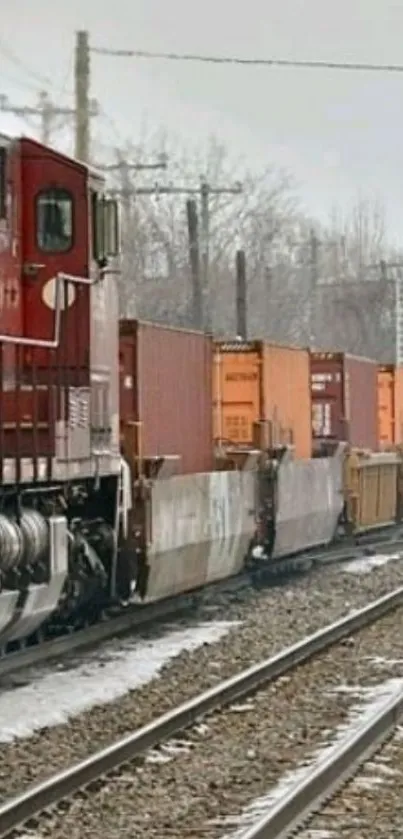 Train on a rustic railway track with colorful containers.