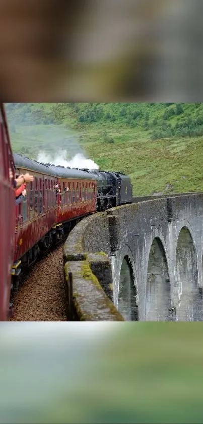 Steam train crossing a viaduct in scenic green landscape.