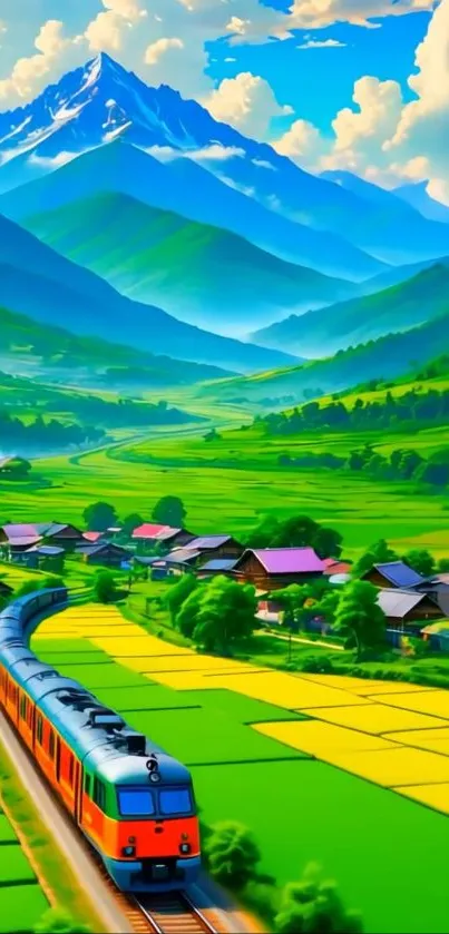 Train passing through green hills with mountains in the background.