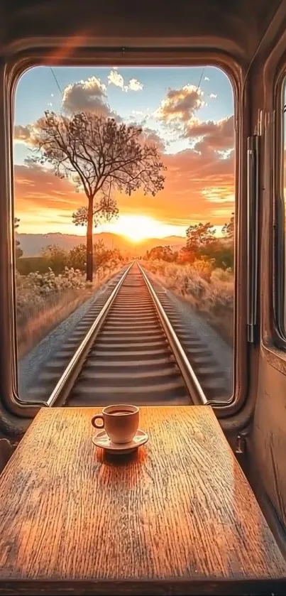 Sunset view from train with coffee on table.