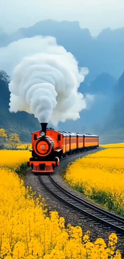 Steam train running through yellow fields with mountains in the background.