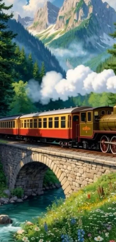 Vintage train on a scenic mountain bridge.