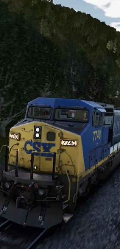 A train journey through a scenic forest landscape with blue skies.