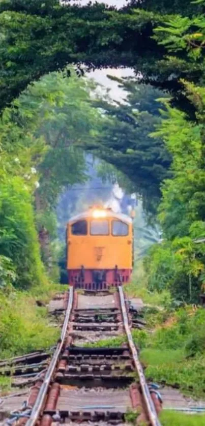 Yellow train through lush green tunnel, scenic view.