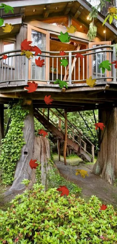 Serene treehouse nestled in lush green forest landscape.