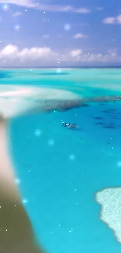 Tropical beach with turquoise waters and a distant horizon.