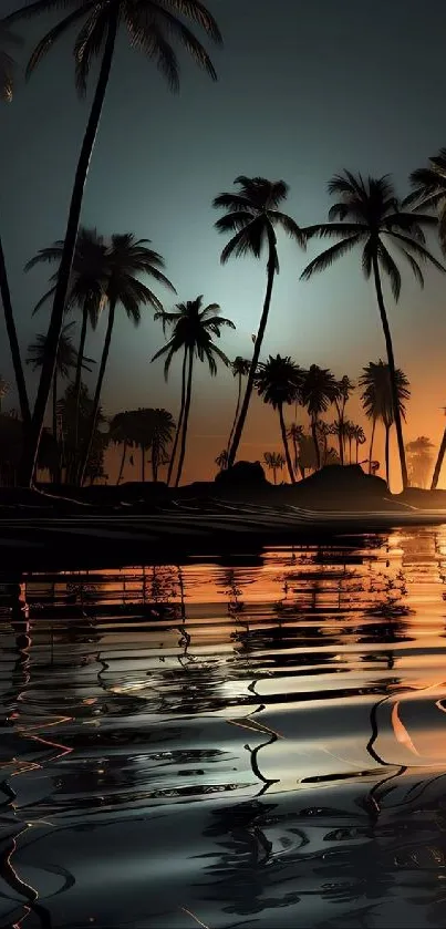 Tropical sunset with palm trees over reflective water.