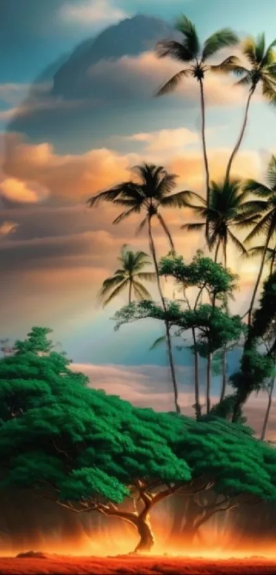 Beautiful tropical wallpaper with palm trees and sunset.