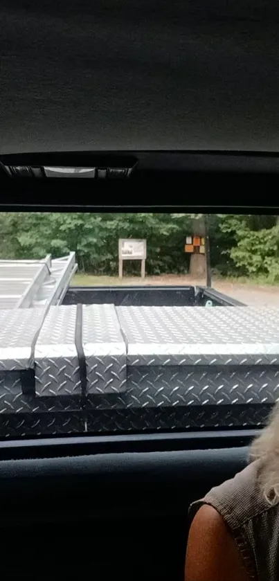 Truck window view with greenery and metal textures.