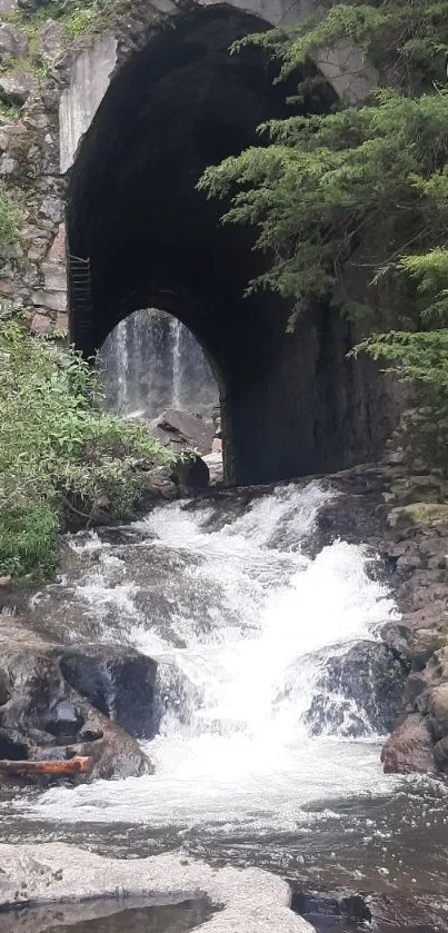 Serene waterfall under a stone tunnel surrounded by lush greenery.