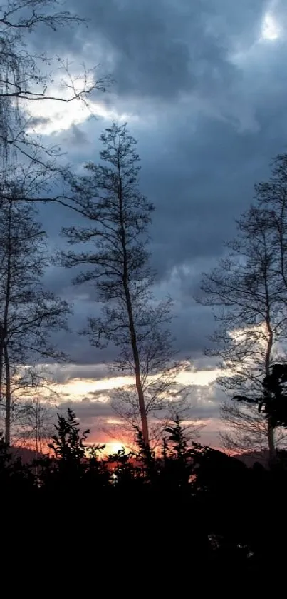 Twilight scene with lake, trees, and dramatic clouds in a serene landscape.