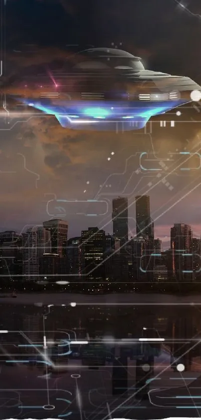 UFO hovering above city skyline at twilight with reflections on water.