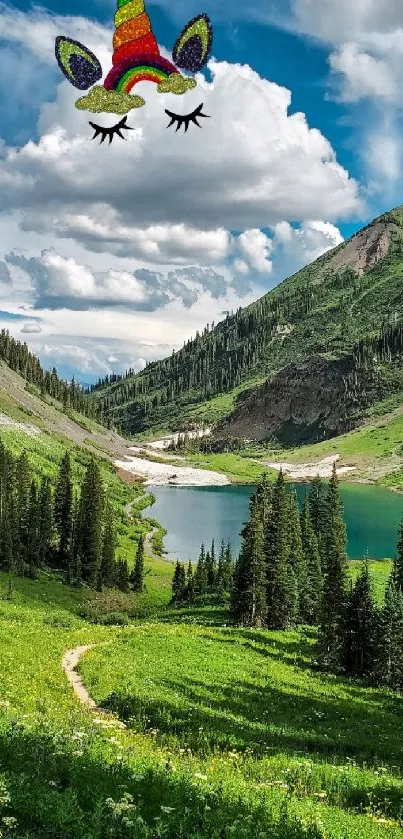 Whimsical unicorn in a mountain landscape with green valleys and blue sky.